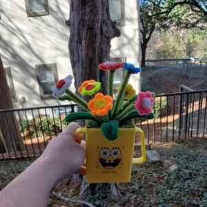 SpongeBob SquarePants Yellow Mug with Colorful Felt Flowers